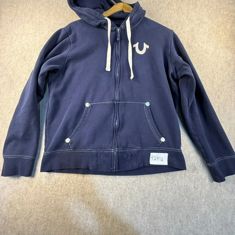 True Religion Mens Navy Blue World Tour Zip Up Hoodie Buddha Logo Size Medium